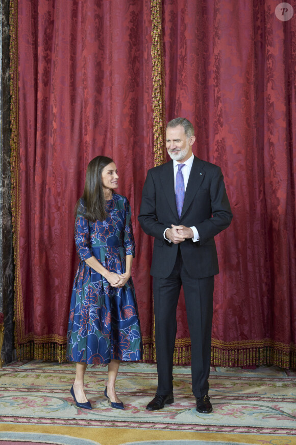 Le roi Felipe VI et la reine Letizia d'Espagne, organisent un déjeuner d'Etat à l'occasion de la visite de Bernardo Arevalo, président du Guatemala, au palais royal à Madrid, le 22 février 2024. 