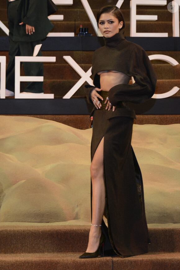 Pour compléter son look, elle portait une élégante jupe longue avec une fente sur le côté ainsi qu'une maxi ceinture en cuir qui s'étendait de la taille à la hanche.
Archives : Zendaya à Mexico