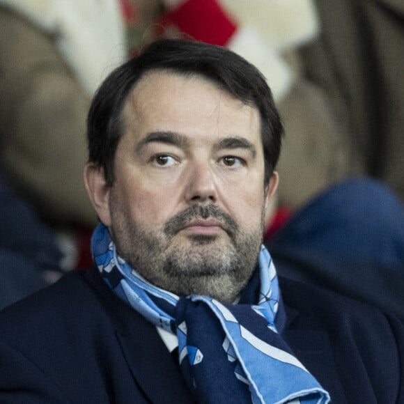 Jean-François Piège et sa femme Elodie - People dans les tribunes du quart de finale de la coupe de France de football entre le Paris Saint-Germain et l'OGC Nice (3-1) au Parc des Princes à Paris le 13 mars 2024. © Cyril Moreau/Bestimage