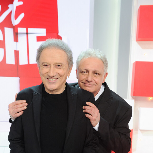 Exclusif - Michel Drucker et David Martin - Enregistrement de l'émission Vivement dimanche en hommage au duo Jean Poiret et Michel Serrault au studio Gabriel, presentée par Michel Drucker . Diffusion sur France 3 le 17 mars 2024. . © Guillaume Gaffiot / Bestimage 