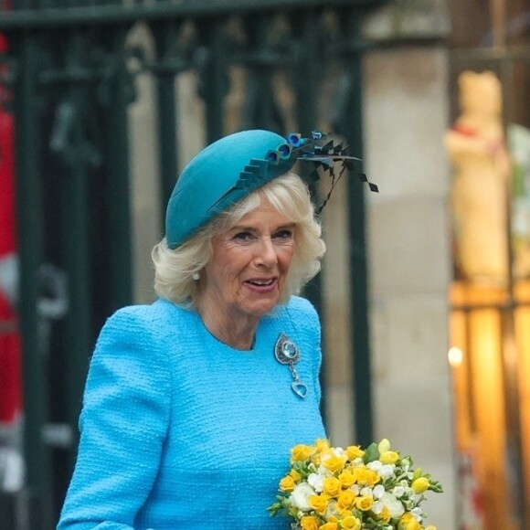 Une bonne nouvelle pour Camilla, qui va sans doute à nouveau pouvoir compter sur lui. 
La famille royale britannique et les invités à la sortie du service de célébration de la Journée du Commonwealth (Commonwealth Day) à l'abbaye de Westminster à Londres, célébré cette année en l'absence de Charles III et de Kate. Londres, le 11 mars 2024. 