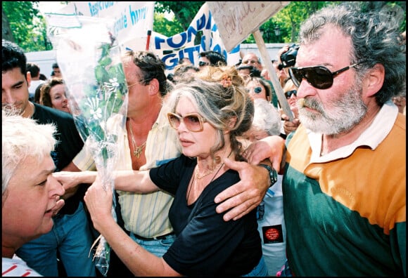 Brigitte Bardot milite devant la mairie de Saint-Tropez contre un congrès de chasseurs le 5 juin 1994