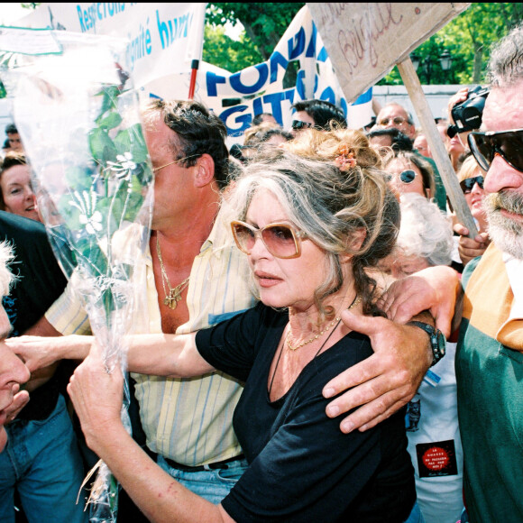 Brigitte Bardot milite devant la mairie de Saint-Tropez contre un congrès de chasseurs le 5 juin 1994