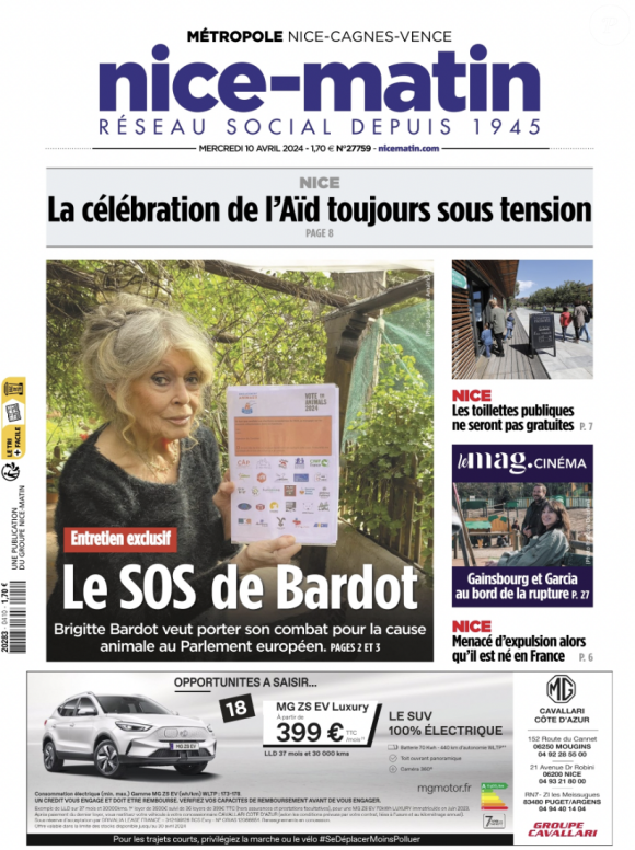 Le journal Nice-matin du 10 avril 2024 avec Brigitte Bardot