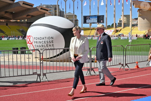 Le prince Albert II de Monaco et la princesse Charlene de Monaco ont assisté aux phases finales du 12eme Tournoi Sainte Devote au stade Louis II de Monaco, le 20 avril 2024.