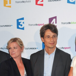 Matthieu Noël, Pierre Lescure, Anne-Elisabeth Lemoine, Bruno Patino, Anne Sophie Lapix et Maxime Switek - Conférence de presse de rentrée de France Télévisions au Palais de Tokyo à Paris, le 26 août 2014.