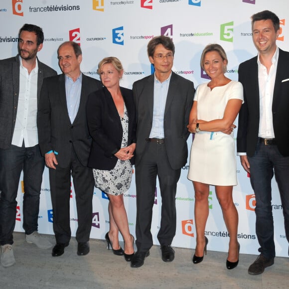 Matthieu Noël, Pierre Lescure, Anne-Elisabeth Lemoine, Bruno Patino, Anne Sophie Lapix et Maxime Switek - Conférence de presse de rentrée de France Télévisions au Palais de Tokyo à Paris, le 26 août 2014.