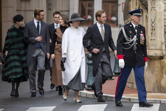 Tatiana Santo Domingo, Andrea Casiraghi, la princesse Alexandra de Hanovre, Pierre Casiraghi, Beatrice Borromeo, Louis Ducruet, Marie Chevallier arrivent à la cathédrale Saint-Nicolas avant la messe solennelle célébrée par l'archevêque Bernard Barsi, lors des cérémonies de la fête nationale, Monaco Ville (Principauté de Monaco), le 19 novembre 2019. Photo par Marco Piovanotto/ABACAPRESS.COM