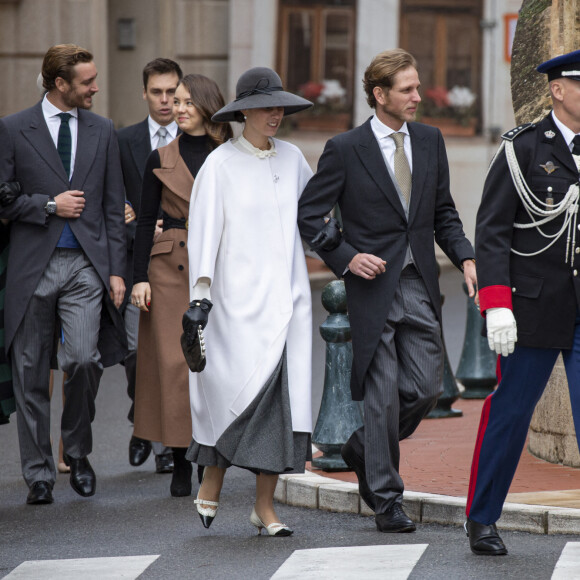 Tatiana Santo Domingo, Andrea Casiraghi, la princesse Alexandra de Hanovre, Pierre Casiraghi, Beatrice Borromeo, Louis Ducruet, Marie Chevallier arrivent à la cathédrale Saint-Nicolas avant la messe solennelle célébrée par l'archevêque Bernard Barsi, lors des cérémonies de la fête nationale, Monaco Ville (Principauté de Monaco), le 19 novembre 2019. Photo par Marco Piovanotto/ABACAPRESS.COM