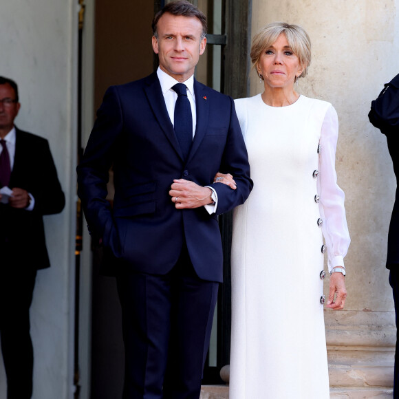 Emmanuel Macron et sa femme Brigitte - Dîner d'état en l'honneur du président des Etats-Unis et sa femme au palais de l'Elysée à Paris, à l'occasion de leur visite officielle en France. © Jacovides-Moreau / Bestimage