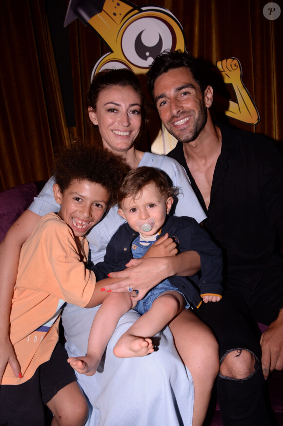 Rachel Legrain-Trapani (Miss France 2007), son compagnon Valentin Leonard et leurs fils Gianni et Andréa lors de la soirée de lancement de l'application Nanaba à l'hôtel Barrière Le Fouquet's de Paris, France, le 18 juin 2021. © Rachid Bellak/Bestimage