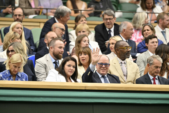 Madame Melanie Antoinette de Massy president du Monte Carlo Country Club, SAS Prince ALbert II de Monaco, Sir Lenny Henry et Lisa Makin dans la Royal Box au tournoi de Wimbledon à Londres, Royaume Uni, le 8 juillet 2024. © Chryslene Caillaud/Panoramic/Bestimage