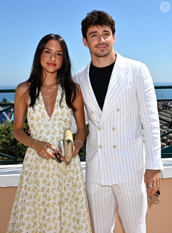 Le pilote monégasque de F1 Charles Leclerc et sa compagne Alexandra Saint Mleux lors de la finale du Rolex Masters 1000 de Monte-Carlo à Roquebrune-Cap-Martin le 14 avril 2024. © Bruno Bebert / Bestimage