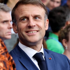 Emmanuel Macron - Les célébrités assistent à la Finale de Rugby à 7 opposant la France aux Fidji lors des Jeux Olympiques de Paris 2024 (JO) au Stade de France à Saint-Denis, Seine Saint-Denis, le 27 juillet 2024. © Jacovides-Perusseau/Bestimage 