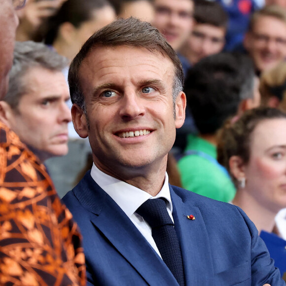 Emmanuel Macron - Les célébrités assistent à la Finale de Rugby à 7 opposant la France aux Fidji lors des Jeux Olympiques de Paris 2024 (JO) au Stade de France à Saint-Denis, Seine Saint-Denis, le 27 juillet 2024. © Jacovides-Perusseau/Bestimage 