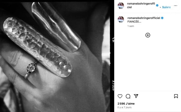 Le 24 juillet dernier, la pétillante brune a révélé qu'elle s'était fiancée ! Sans en dire davantage, elle a simplement dévoilé sa jolie bague.
Romane Bohringer annonce être fiancée sur Instagram. Juillet 2024. 