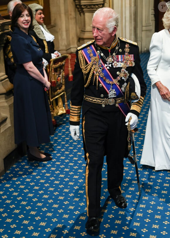 Le roi Charles III d'Angleterre et la reine consort Camilla Parker Bowles lors de l'ouverture officielle du parlement britannique au palais de Westminster à Londres. Le 17 juillet 2024 