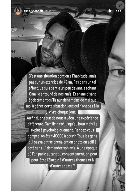 "Camille a été jusqu'au bout mais il a explosé psychologiquement", poursuit-elle
Alice Detollenaere s'exprime sur Instagram après le Marathon pour tous