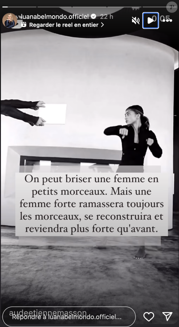 Et n'hésite pas à partager ses états d'âme sur Instagram comme cette phrase : "On peut briser une femme en petits morceaux". 
Luana Belmondo poste un message lourd de sens sur Instagram.