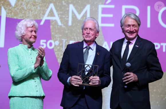 Michael Douglas, Anne d'Ornano et Philippe Augier le Maire de Deauville lors de la soirée d'ouverture de la 50eme édition du Festival du Cinema Américain de Deauville, France, le 6 Septembre 2024. © Denis Guignebourg/BestImage 