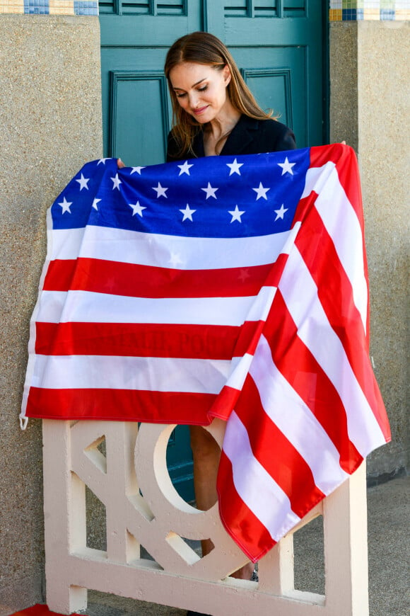 Natalie Portman poses during the unveiling of her dedicated beach locker room on the Promenade des Planches during the 50th Deauville American Film Festival on September 14, 2024 in Deauville, France. Photo by Shootpix/ABACAPRESS.COM 