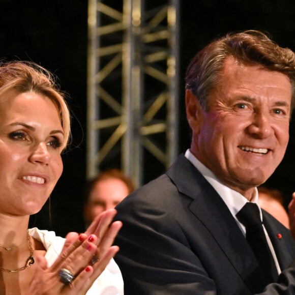 Christian Estrosi, le maire de Nice, avec sa femme, Laura Tenoudji Estrosi et son invité d'honneur Renaud Muselier, le préside,nt de la région PACA, a orchestré "Lou Festin Nissart", un diner amical et convivial autour du maire, au jardin Albert 1er sur la Coulée Verte à Nice le 6 septembre 2024. © Bruno Bebert/Bestimage