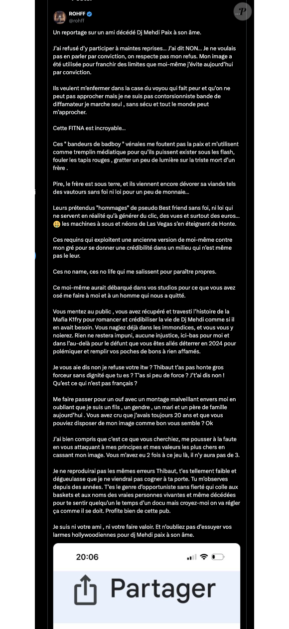 Pourtant le film réalisé par Thibaut de Longeville, sur le regretté DJ Mehdi, décédé à l'âge de 34 ans après une terrible chute, a trouvé un détracteur. Le rappeur Rohff, ami lui aussi de Mehdi, s'est saisi de son compte Twitter ce lundi 16 septembre pour faire part de sa colère. 
Le tweet de Rohff sur le documentaire DJ Mehdi : Made in France