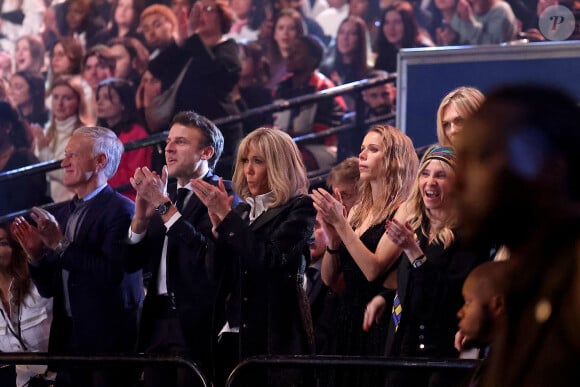 Exclusif - Didier Deschamps, Emmanuel et Brigitte Macron, sa fille Tiphaine Auzière - Personnalités lors de l'enregistrement de l'émission "Le gala des Pièces Jaunes, le concert événement" au Zenith de Paris, et diffusée le 28 janvier sur France 2. Le 25 janvier 2023 © Dominique Jacovides / Bestimage 