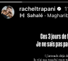 Le couple a fêté son union, dans le désert marocain, pendant trois jours comme l'a confié l'ex-Miss France sur son compte Instagram.
Rachel Legrain-Trapani est brièvement revenue sur son mariage au Maroc.