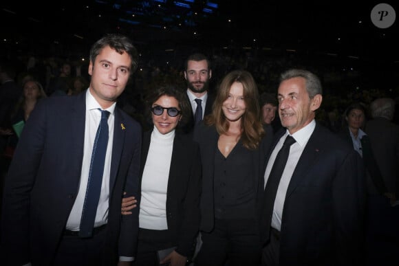 Exclusif - Gabriel Attal, Louis Sarkozy, Rachida Dati, Carla Bruni-Sarkozy, Nicolas Sarkozy lors d'une cérémonie organisée par le Conseil des institutions juives de France (CRIF) en hommage aux victimes des attentats du Hamas du 7 octobre 2023 contre Israël, à l'occasion du premier anniversaire de l'événement, à Paris, le 7 octobre 2024. © Jack Tribeca / Bestimage