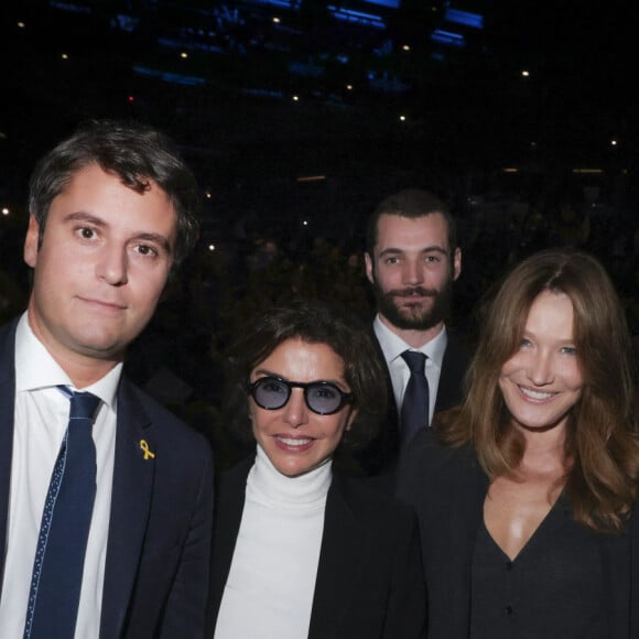 Exclusif - Gabriel Attal, Louis Sarkozy, Rachida Dati, Carla Bruni-Sarkozy, Nicolas Sarkozy lors d'une cérémonie organisée par le Conseil des institutions juives de France (CRIF) en hommage aux victimes des attentats du Hamas du 7 octobre 2023 contre Israël, à l'occasion du premier anniversaire de l'événement, à Paris, le 7 octobre 2024. © Jack Tribeca / Bestimage