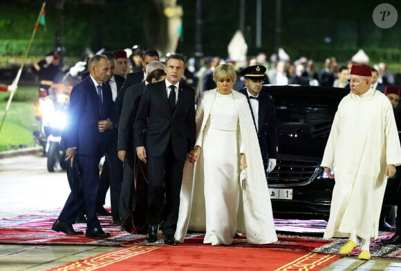 Emmanuel et Brigitte Macron - Dîner d'Etat offert par sa Majesté le roi Mohammed VI du Maroc en l'honneur du Président de la République Emmanuel Macron et de la première dame Brigitte Macron au Palais Royal de Rabat au Maroc. © Dominique Jacovides/Bestimage