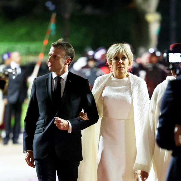 Emmanuel et Brigitte Macron - Dîner d'Etat offert par sa Majesté le roi Mohammed VI du Maroc en l'honneur du Président de la République Emmanuel Macron et de la première dame Brigitte Macron au Palais Royal de Rabat au Maroc le 29 Octobre 2024. © Dominique Jacovides/Bestimage 