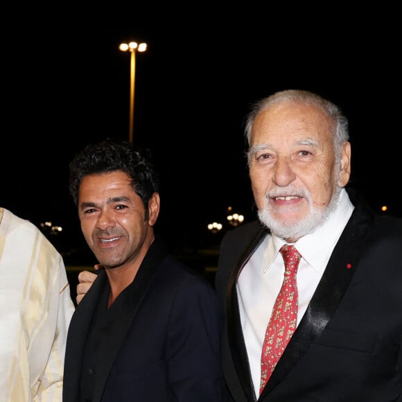 Jamel Debbouze et Tahar Ben Jelloun - Dîner d'Etat offert par sa Majesté le roi Mohammed VI du Maroc en l'honneur du Président de la République Emmanuel Macron et de la première dame Brigitte Macron au Palais Royal de Rabat au Maroc le 29 Octobre 2024. © Dominique Jacovides/Bestimage 