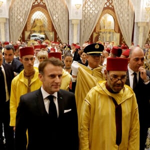 Emmanuel Macron lors du banquet d'Etat organisé par le roi Mohammed VI en leur honneur à Rabat au Maroc, le 29 octobre 2024 © Ludovic Marin/Pool/Bestimage