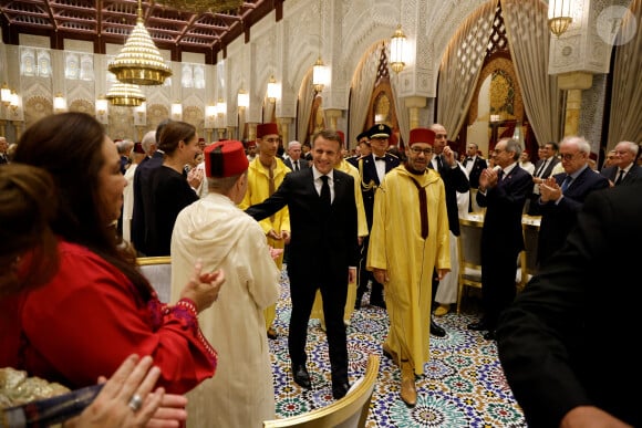 Emmanuel Macron lors du banquet d'Etat organisé par le roi Mohammed VI en leur honneur à Rabat au Maroc, le 29 octobre 2024 © Ludovic Marin/Pool/Bestimage