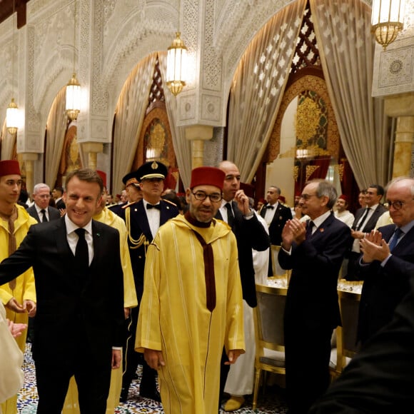 Emmanuel Macron lors du banquet d'Etat organisé par le roi Mohammed VI en leur honneur à Rabat au Maroc, le 29 octobre 2024 © Ludovic Marin/Pool/Bestimage