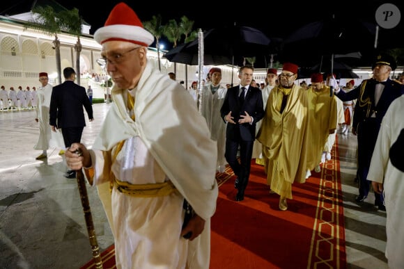 Emmanuel Macron lors du banquet d'Etat organisé par le roi Mohammed VI en leur honneur à Rabat au Maroc, le 29 octobre 2024 © Ludovic Marin/Pool/Bestimage