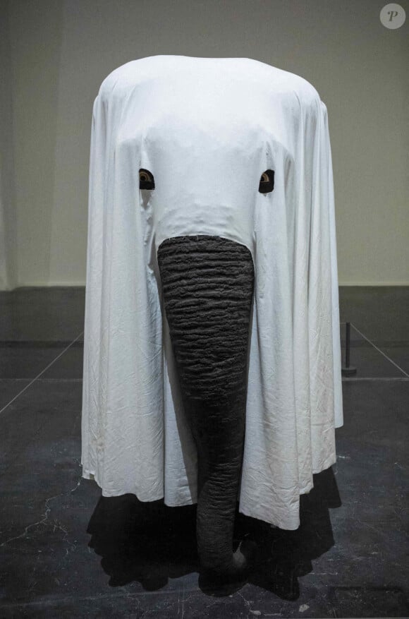 Un éléphant couvert avec un drap de Maurizio Cattelan au UCCA Center for Contemporary Art in Beijing, en Chine le 5 décembre 2021.