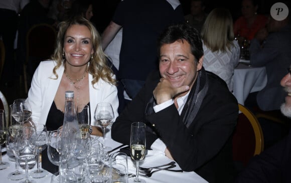 Exclusif - Laurent Gerra et sa compagne Christelle Bardet au dîner lors de la 2ème édition du Festival du cinéma français et gastronomie à Aix les Bains le 9 juin 2023. © Denis Guignebourg / Bestimage