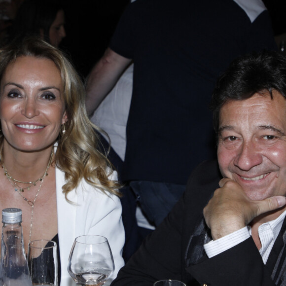 Exclusif - Laurent Gerra et sa compagne Christelle Bardet au dîner lors de la 2ème édition du Festival du cinéma français et gastronomie à Aix les Bains le 9 juin 2023. © Denis Guignebourg / Bestimage