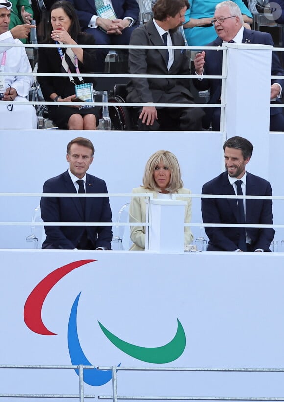 Le président Emmanuel Macron, Brigitte Macron, Tony Estanguet lors de la cérémonie d'ouverture des jeux paralympiques Paris 2024 place de la Concorde à Paris le 28 août 2024. © Jacovides / Perusseau / Bestimage 