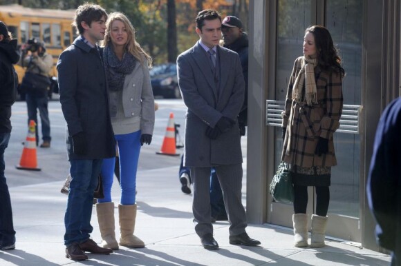 Chace Crawford, Blake Lively, Ed Westwick et Leighton Meester sur le tournage de Gossip Girl