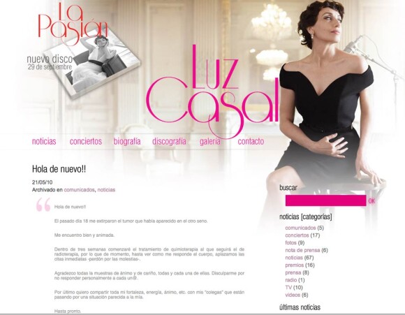 Luz Casal a été opérée d'un nouveau cancer du sein le 18 mai 2010...