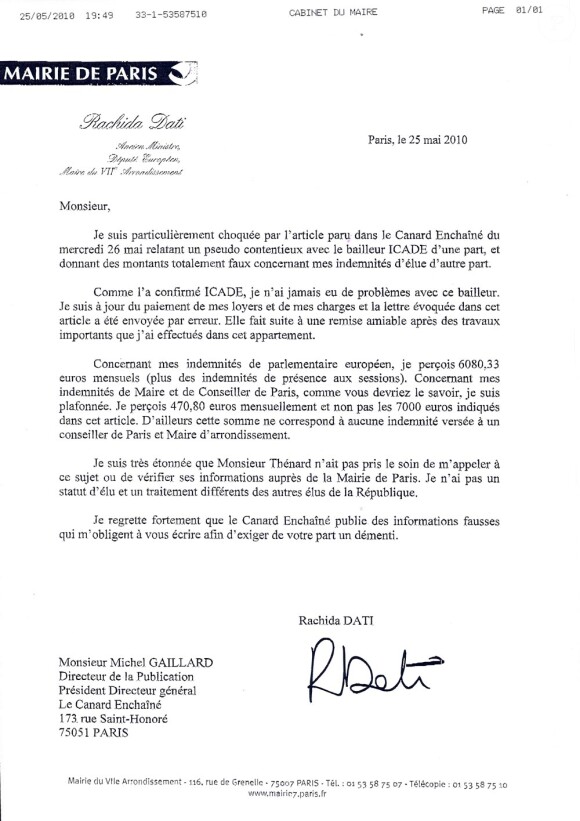 Droit de réponse de rachida Dati du 25 mai au Canard Enchaîné...