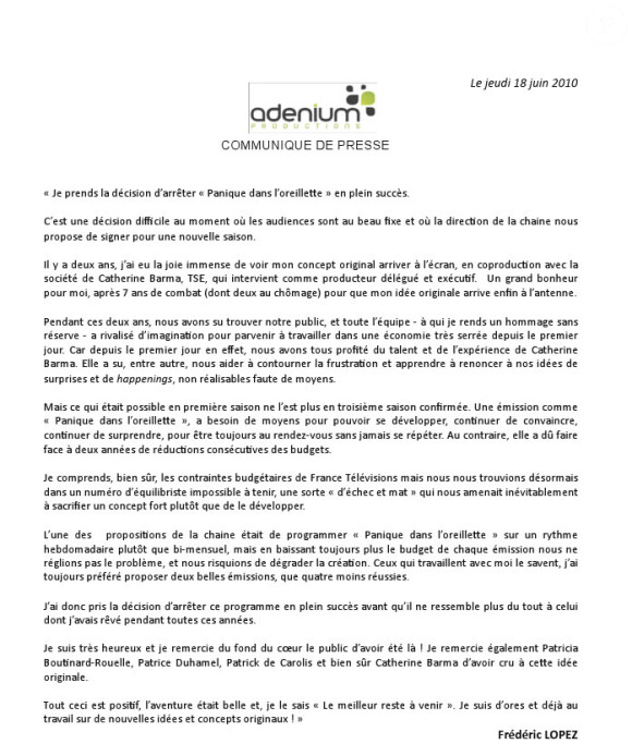 Le communiqué de presse de Frédéric Lopez au sujet de l'arrêt de Panique dans l'oreillette