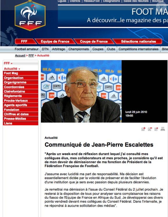 Suite à la débâcle de l'équipe de France lors de la Coupe du monde 2010, Jean-Pierre Escalettes, président de la FFF, fait ses cartons...