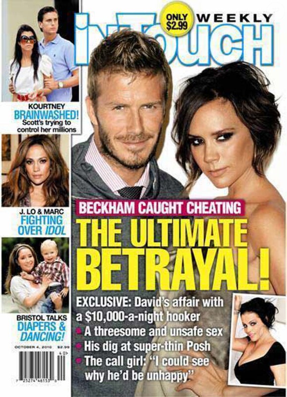 David, Victoria Beckham et la prostituée Irma Nici en couverture du magazine In touch, septembre 2010