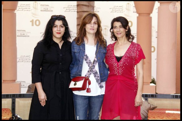 Marjane Satrapi, Emmanuelle Seigner et Hiam Abbass, membres du jury courts métrages du 10e Festival International du Film de Marrakech, à Marrakech, le 5 décembre 2010.