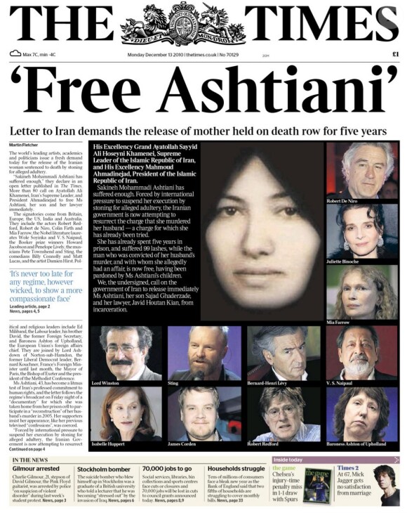 La une de The Times avec la lettre ouverte de 80 personnalités en soutien à Sakineh Mohammadi Ashtiani